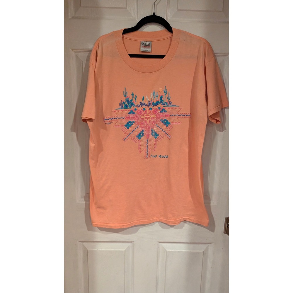 Oneita Graphic T-Shirt L Peach 1993 Fort Worth Single Stitch Desert Southwestern